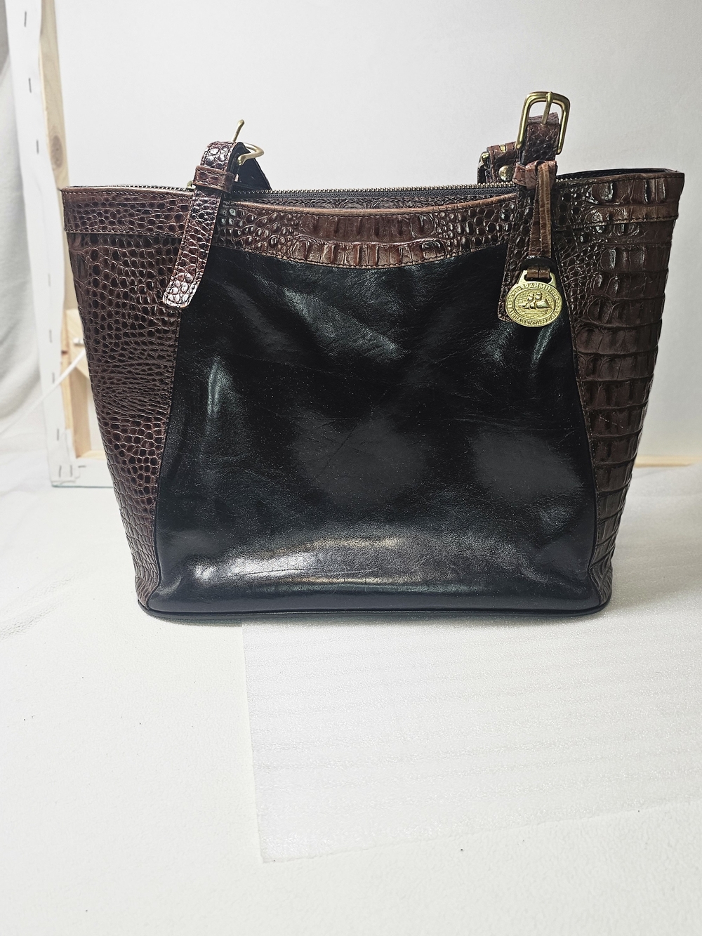 Brahmin Black and Brown Croc-Embossed Leather Shoulder Bag
